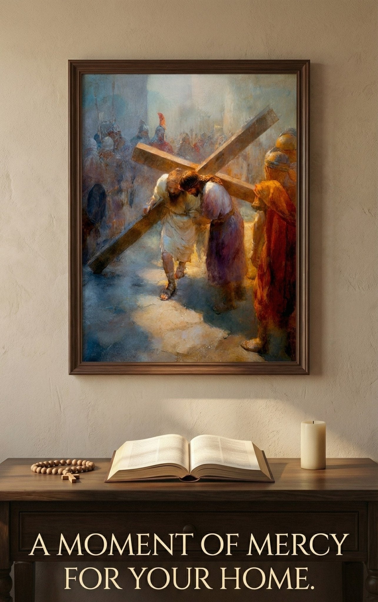 5th Station of the Cross - Simon of Cyrene Helps Jesus Carry the Cross - 8in x 10in Matted to 11in x 14in in Black Mat - Chesapeake Farms LLC - Gourmet Jams/Jellies & Coffee - Original Artworks - Antiques