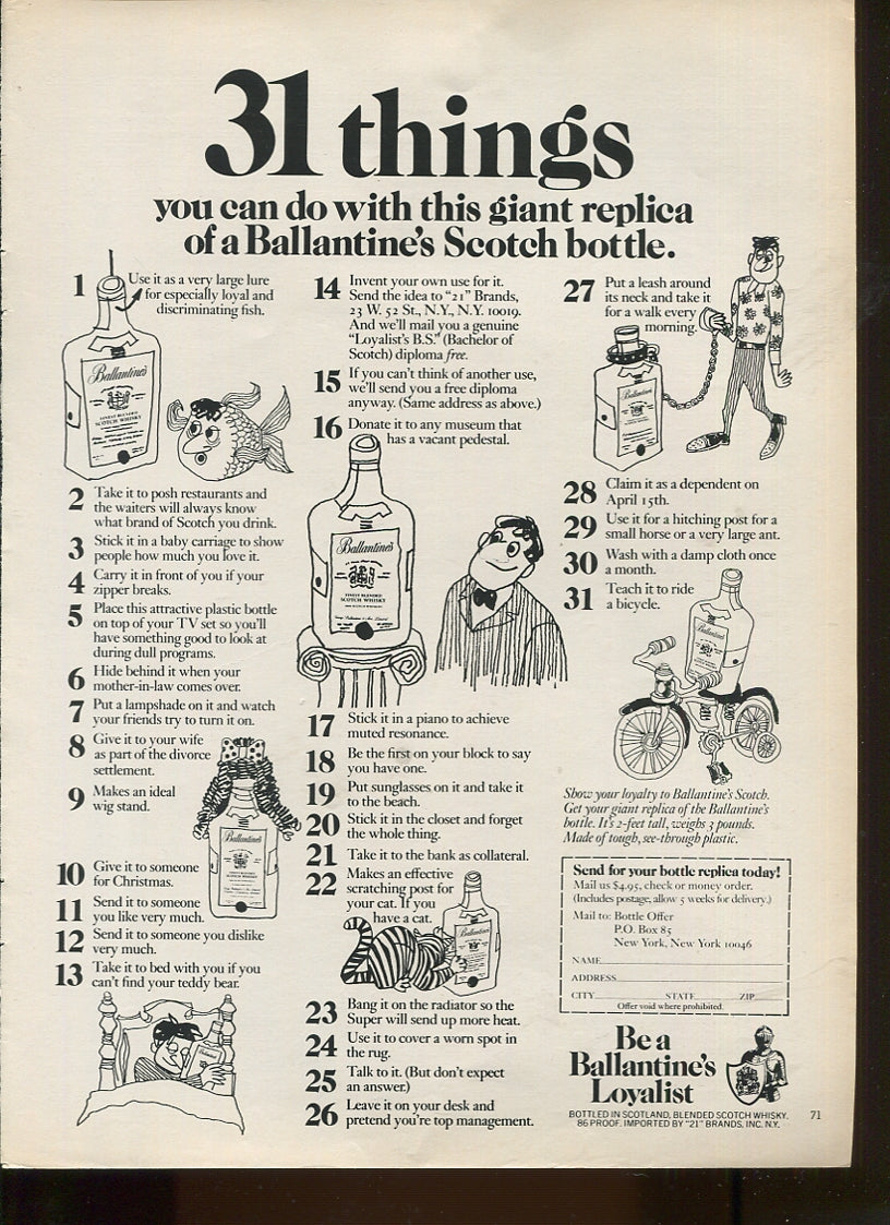 Antique Advertisements – Ballantine’s Scotch Whisky – Set of 10 Original Ads – 1950s–1970s – Lot #1