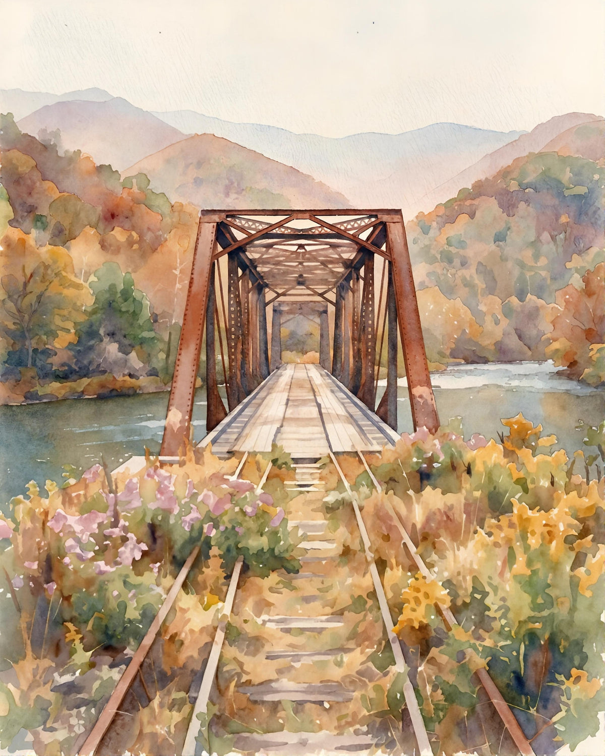 Old Bridge in Autumn in Watercolors – Fine Art Print - Rural Farm County Portrait Print - Heavy Cardstock - Matte Print