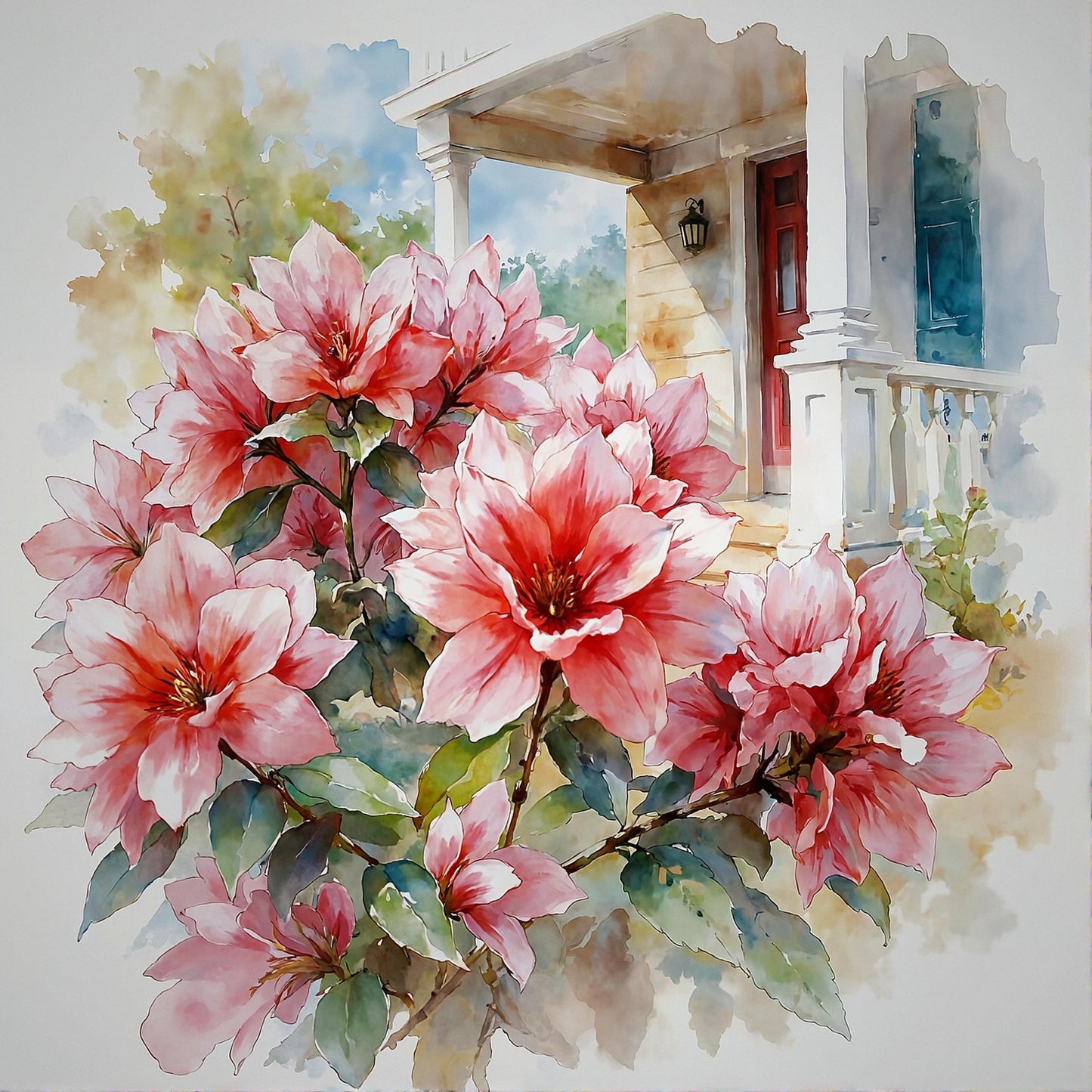 Blossoming Azalea Bush In Watercolors Digital Wall Art – Instant Download - Chesapeake Farms LLC - Gourmet Jams/Jellies & Coffee - Original Artworks - Antiques