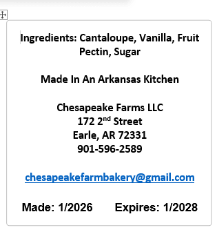 Cantaloupe Jam – 8 oz Jar – Organic, Arkansas Grown – Small Batch - Chesapeake Farms LLC - Gourmet Jams/Jellies & Coffee - Original Artworks - Antiques