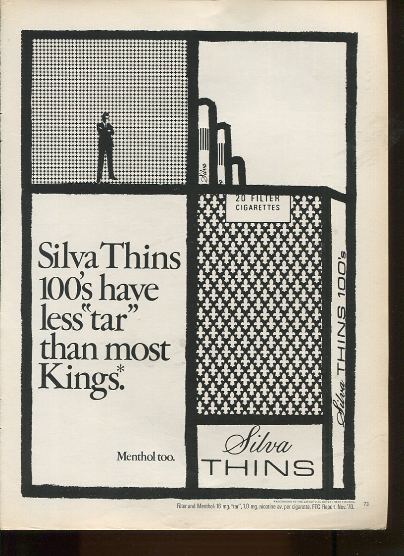 Antique Advertisements – Silva Thins Cigarettes – Set of 10 Original Ads – 1970s – Lot #1