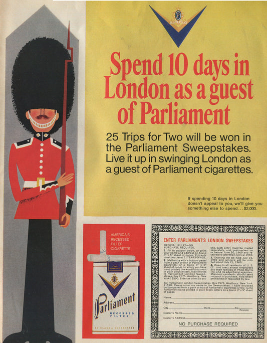Antique Advertisements – Parliament Cigarette Family of 10 Ads (1960s–1980s) - Lot #1