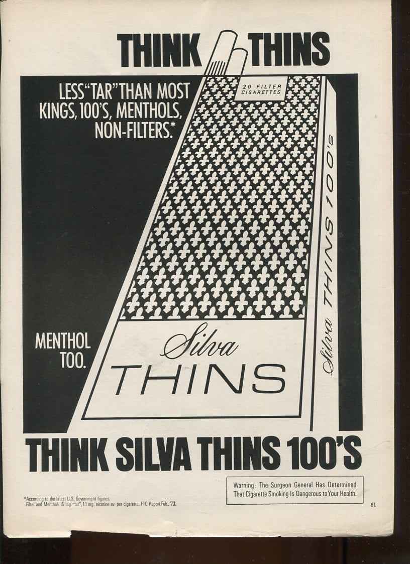 Antique Advertisements – Silva Thins Cigarettes – Set of 10 Original Ads – 1970s – Lot #1
