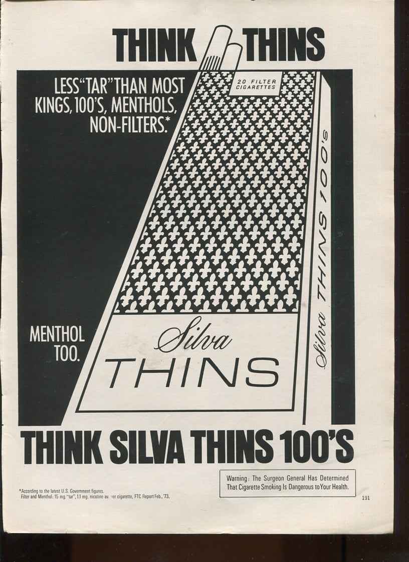 Antique Advertisements – Silva Thins Cigarettes – Set of 10 Original Ads – 1970s – Lot #1