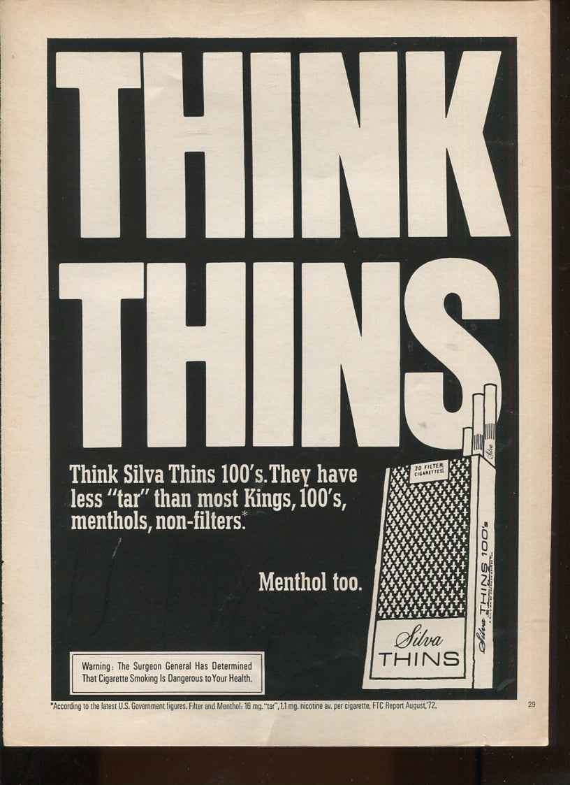 Antique Advertisements – Silva Thins Cigarettes – Set of 10 Original Ads – 1970s – Lot #1