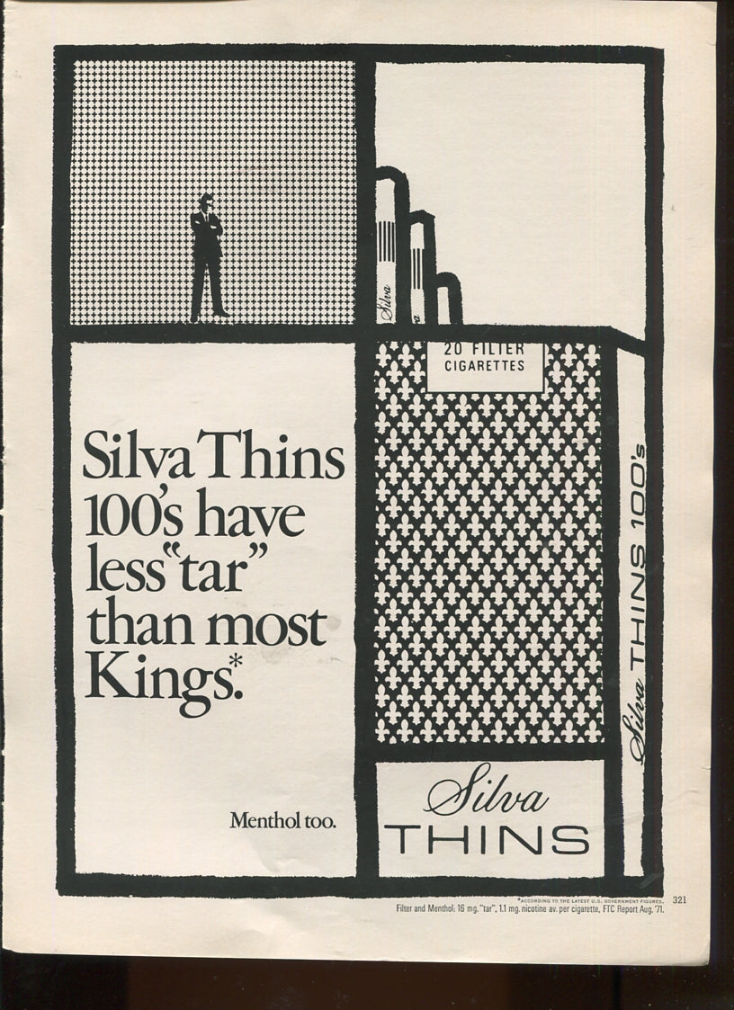 Antique Advertisements – Silva Thins Cigarettes – Set of 10 Original Ads – 1970s – Lot #1