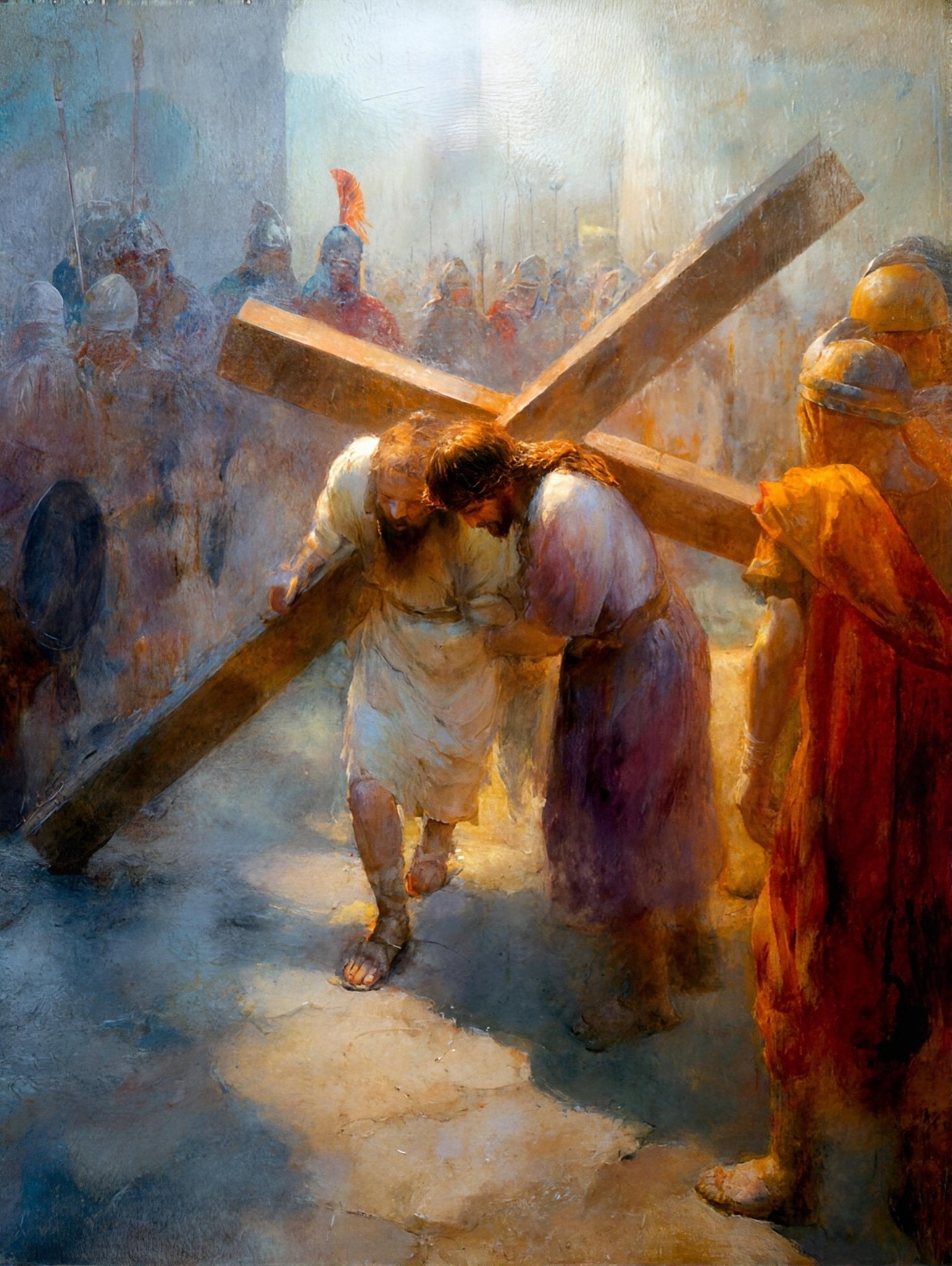 5th Station of the Cross - Simon of Cyrene Helps Jesus Carry the Cross - 8in x 10in Matted to 11in x 14in in Black Mat - Chesapeake Farms LLC - Gourmet Jams/Jellies & Coffee - Original Artworks - Antiques