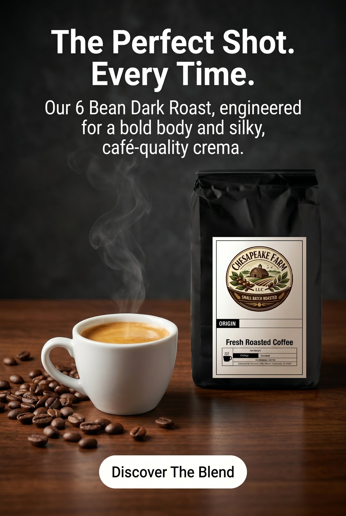 6 tipos de granos combinados, Tostado Oscuro, Mezcla de la casa, con un toque de espresso y una crema sedosa para una calidad de café de cafetería