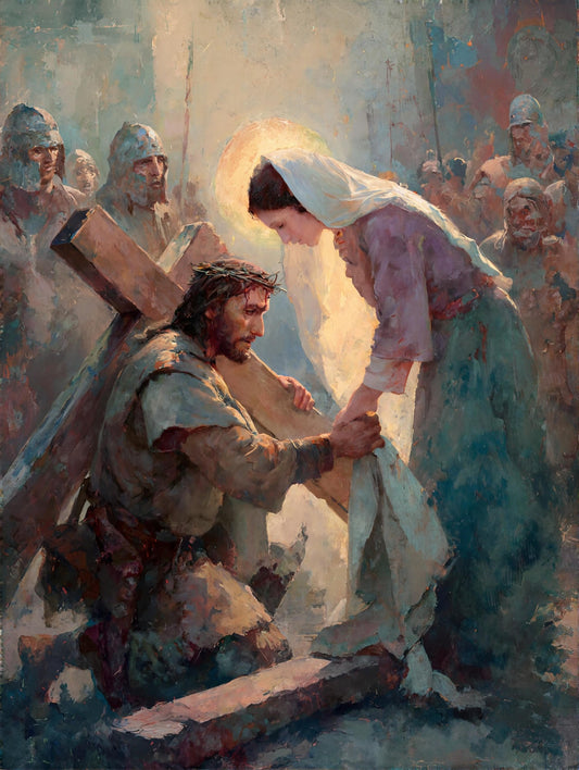 6th Station of the Cross - Veronica Wipes the Face of Jesus - 8in x 10in Matted to 11in x 14in in Black Mats