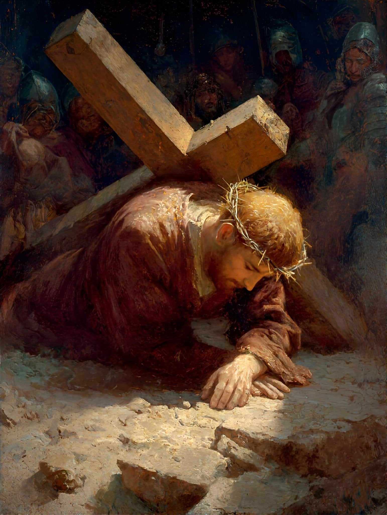 7th Station of the Cross - Jesus Falls the Second Time - 8in x 10in Matted to 11in x 14in in Black Mats - Chesapeake Farms LLC - Gourmet Jams/Jellies & Coffee - Original Artworks - Antiques