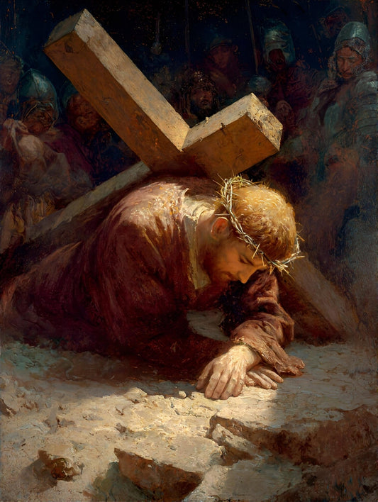 7th Station of the Cross - Jesus Falls the Second Time - 8in x 10in Matted to 11in x 14in in Black Mats - Chesapeake Farms LLC - Gourmet Jams/Jellies & Coffee - Original Artworks - Antiques