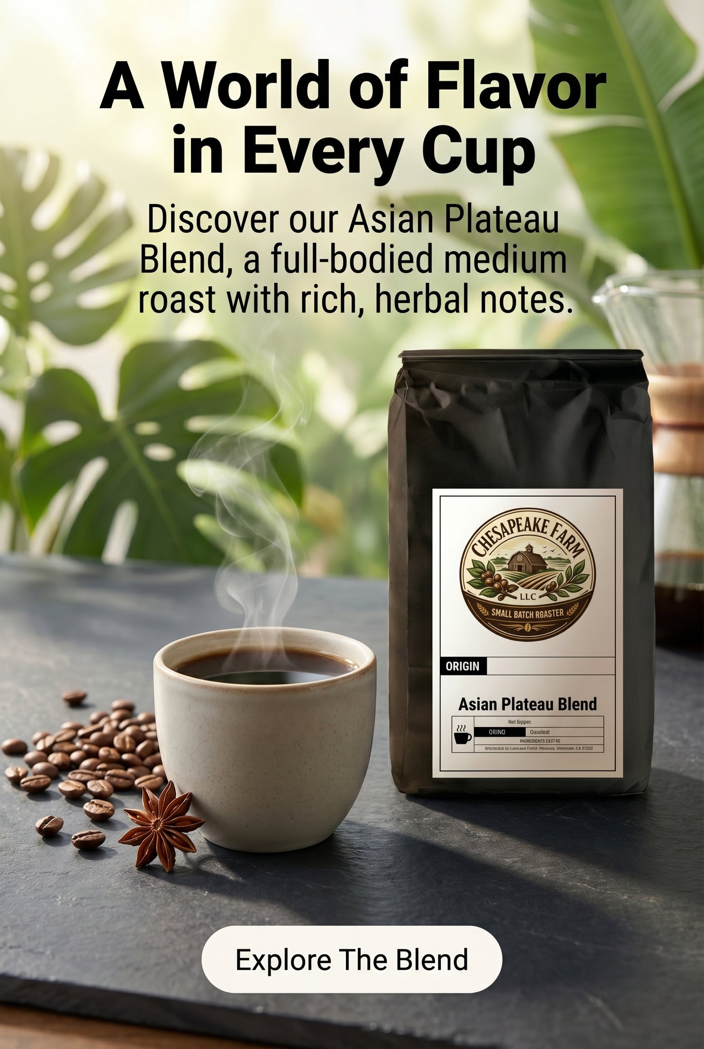 Café de Tostado Medio "Asian Plateau Blend" del Sudeste Asiático Aroma Rico y con Cuerpo con Notas Herbales
