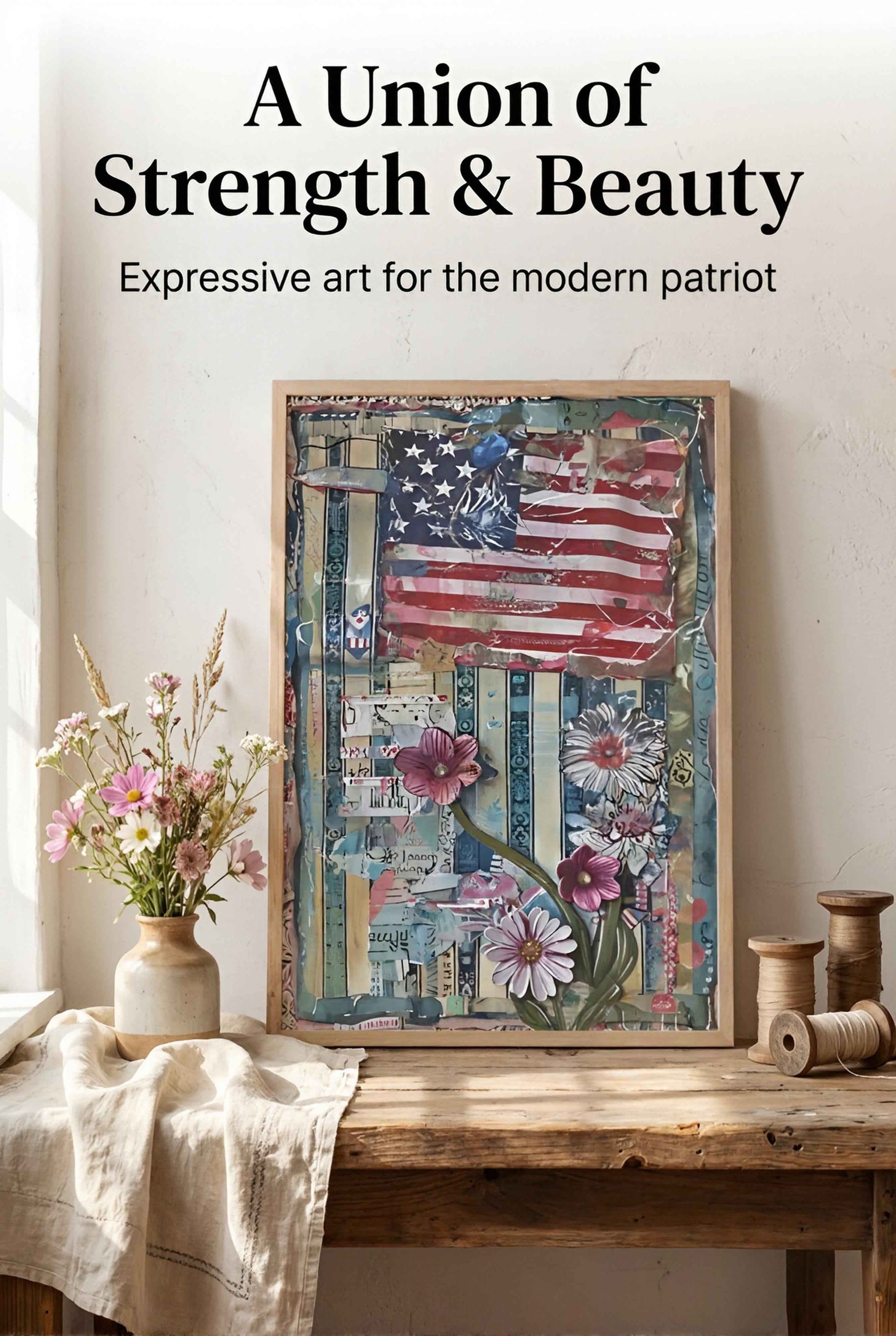 American Flag and Flower Collage - Blooming Stripes - 5in x 7in Matted to 8in x 10in in Black Mats