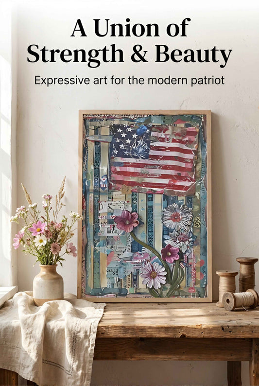 American Flag and Flower Collage - Blooming Stripes - 5in x 7in Matted to 8in x 10in in Black Mats