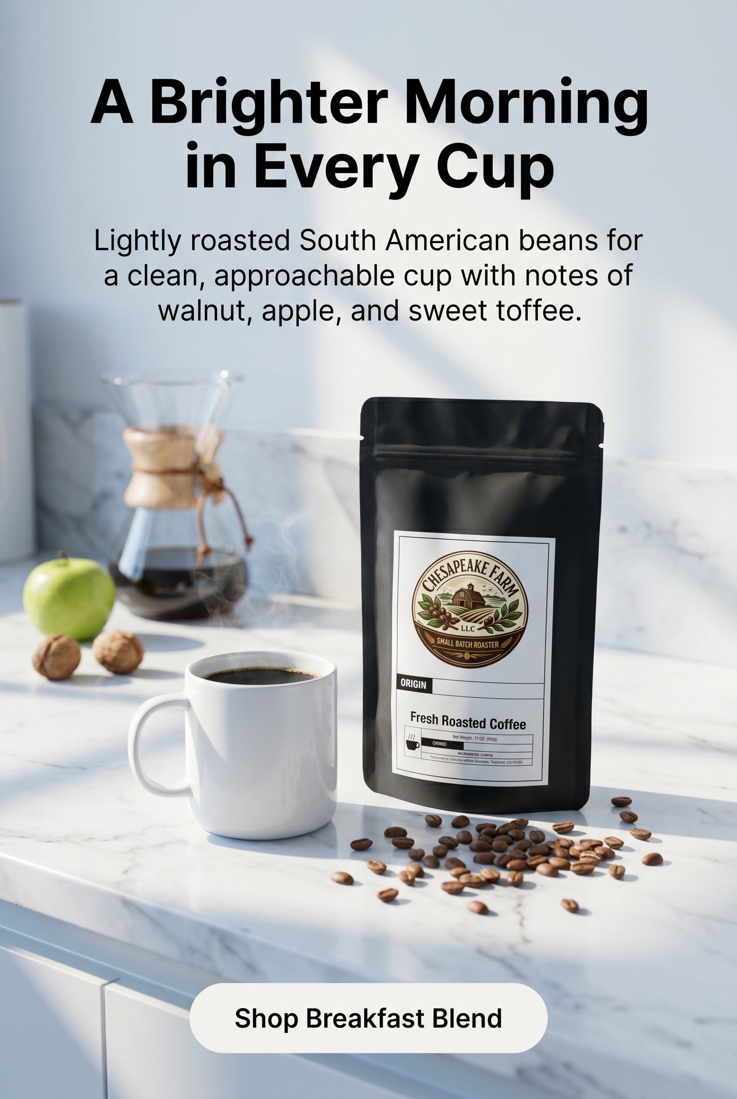Café Breakfast Blend Tostado ligero Granos de Sudamérica para una taza de la mañana limpia y accesible con un dulzor sutil