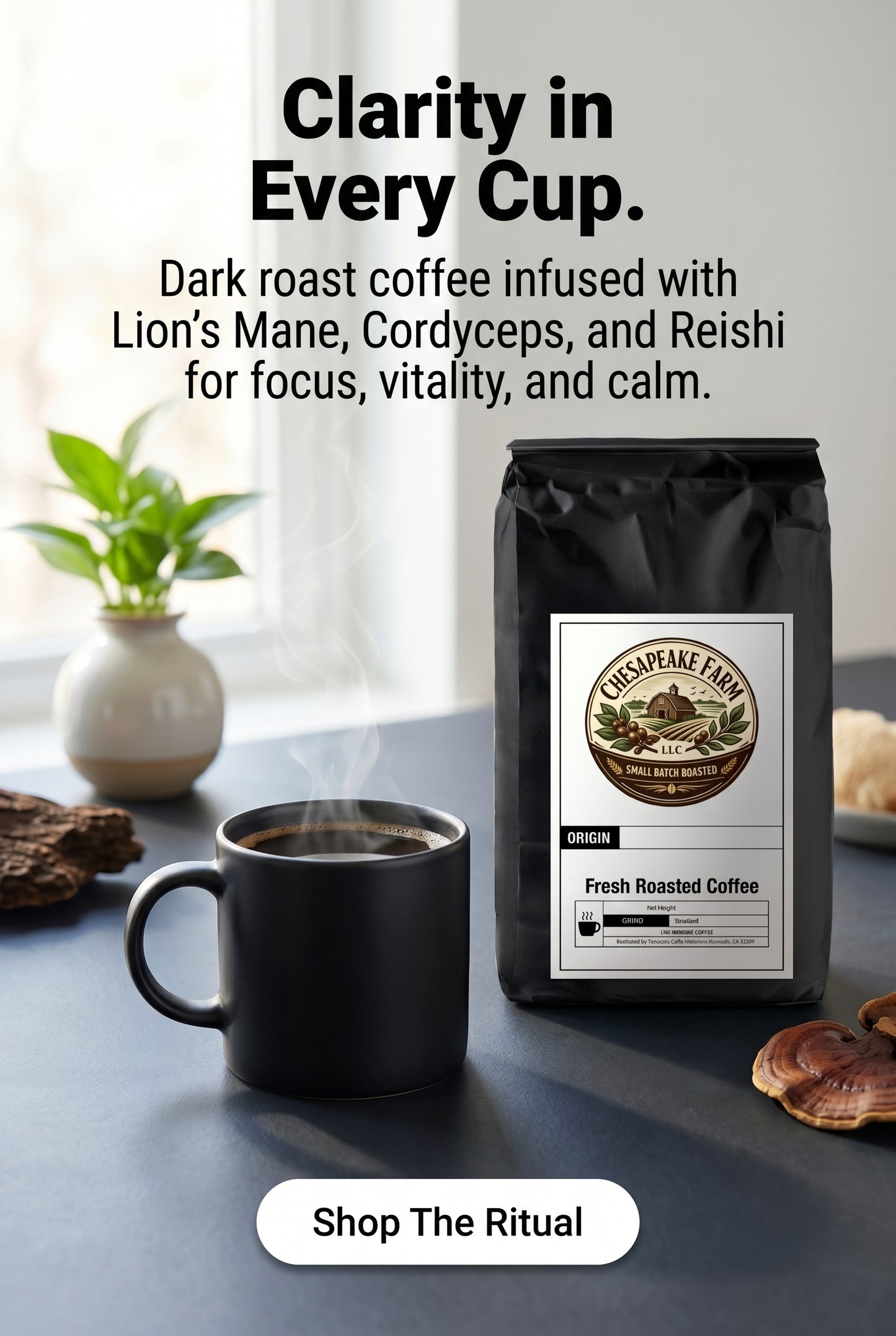 Café Con Hongos Tostado Oscuro Melena de León Cordyceps Reishi Para Concentración Vitalidad Y Calma Resistencia