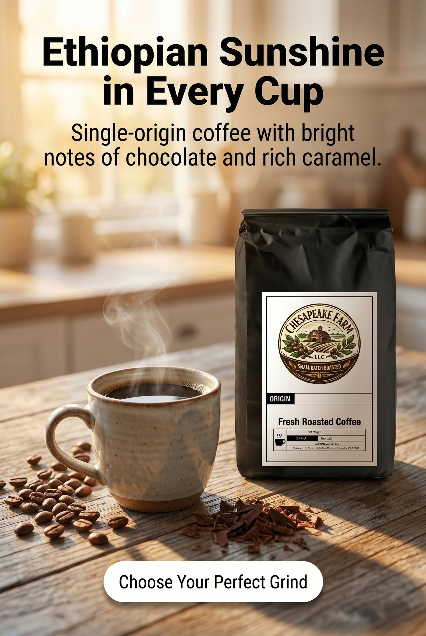 Café de Etiopía de Origen Único – Tostado medio-claro, en pequeños lotes, con notas de chocolate y caramelo