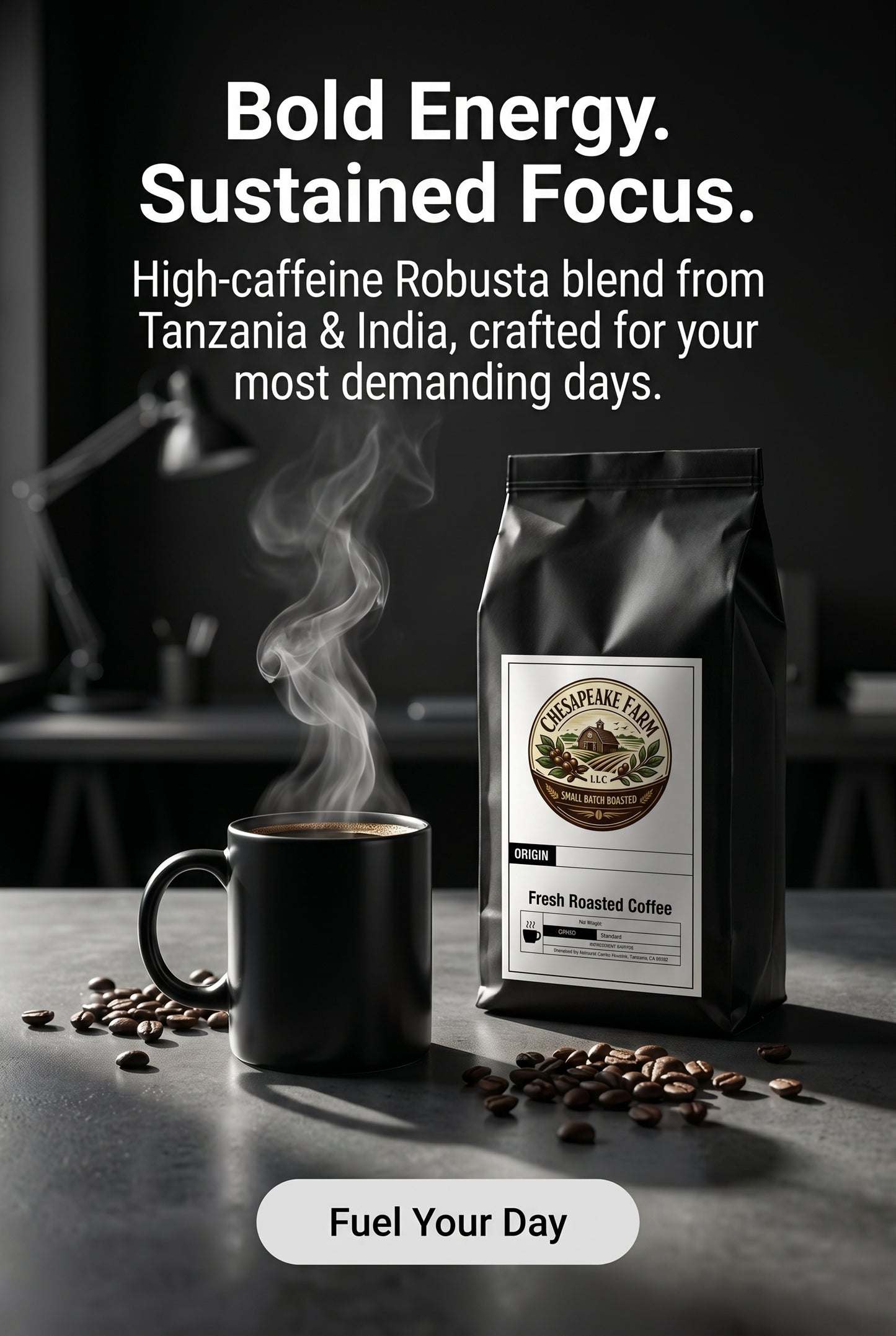 Max Caf Blend Café Robusta de Alta Cafeína de Tanzania e India para Energía Intensa y Enfoque Sostenido