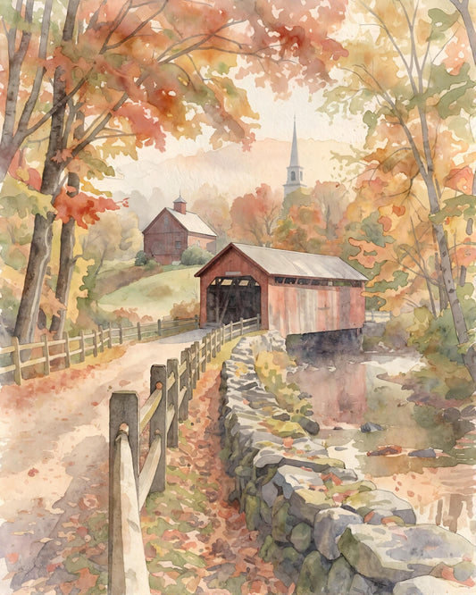Wood Bridge in Autumn Colors in Watercolors Rural Farm County Portrait Print - Heavy Cardstock - Matte Print