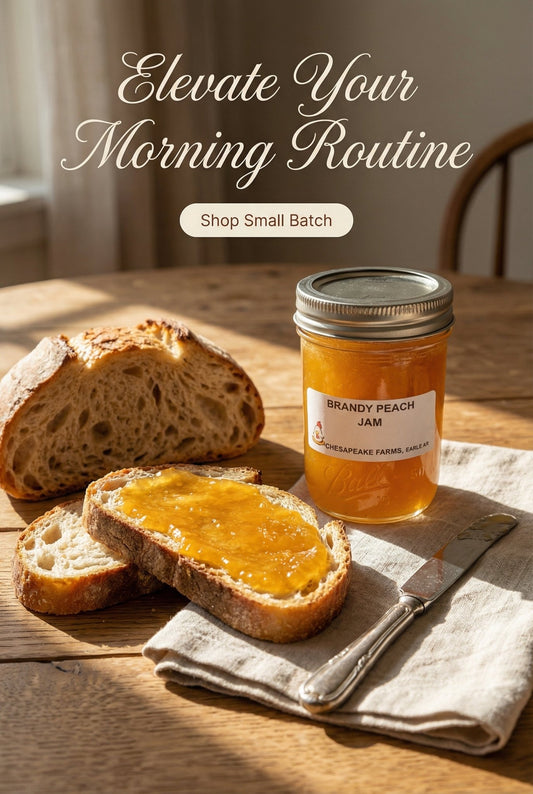 Arkansas Brandy Peach Jam 8oz – Small Batch, Gourmet Fruit - Chesapeake Farms LLC - Gourmet Jams/Jellies & Coffee - Original Artworks - Antiques