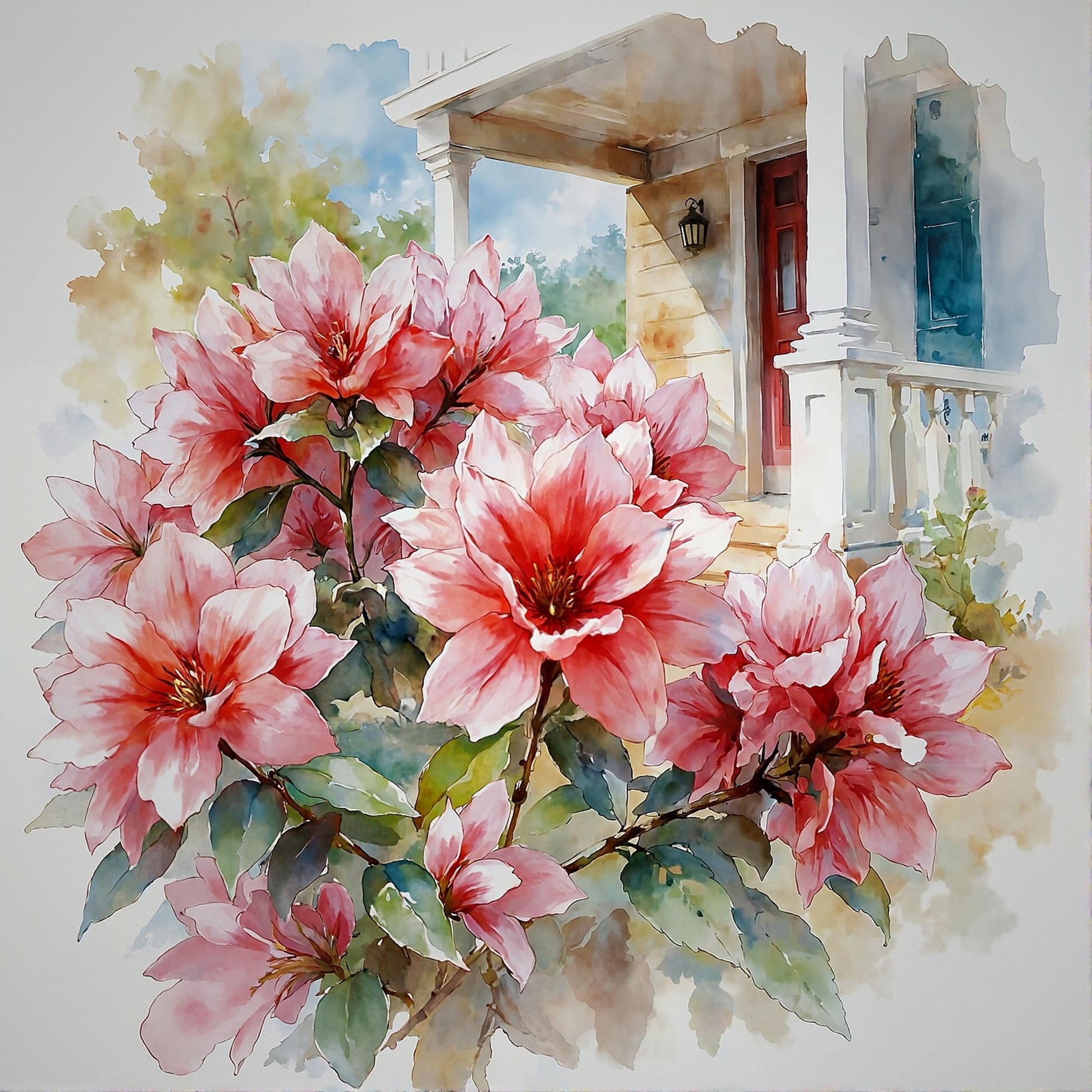 Blossoming Azalea Bush In Watercolors Digital Wall Art – Instant Download - Chesapeake Farms LLC - Gourmet Jams/Jellies & Coffee - Original Artworks - Antiques