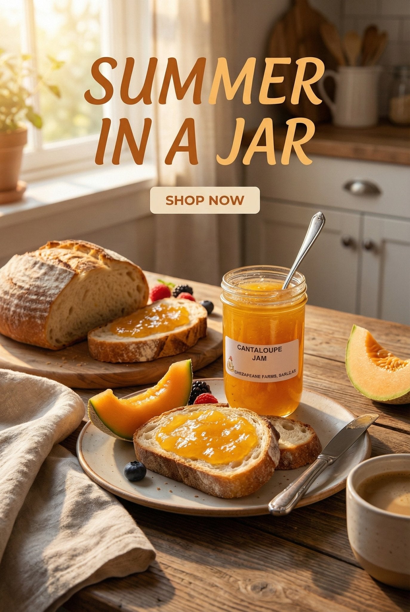 Cantaloupe Jam – 8 oz Jar – Organic, Arkansas Grown – Small Batch - Chesapeake Farms LLC - Gourmet Jams/Jellies & Coffee - Original Artworks - Antiques