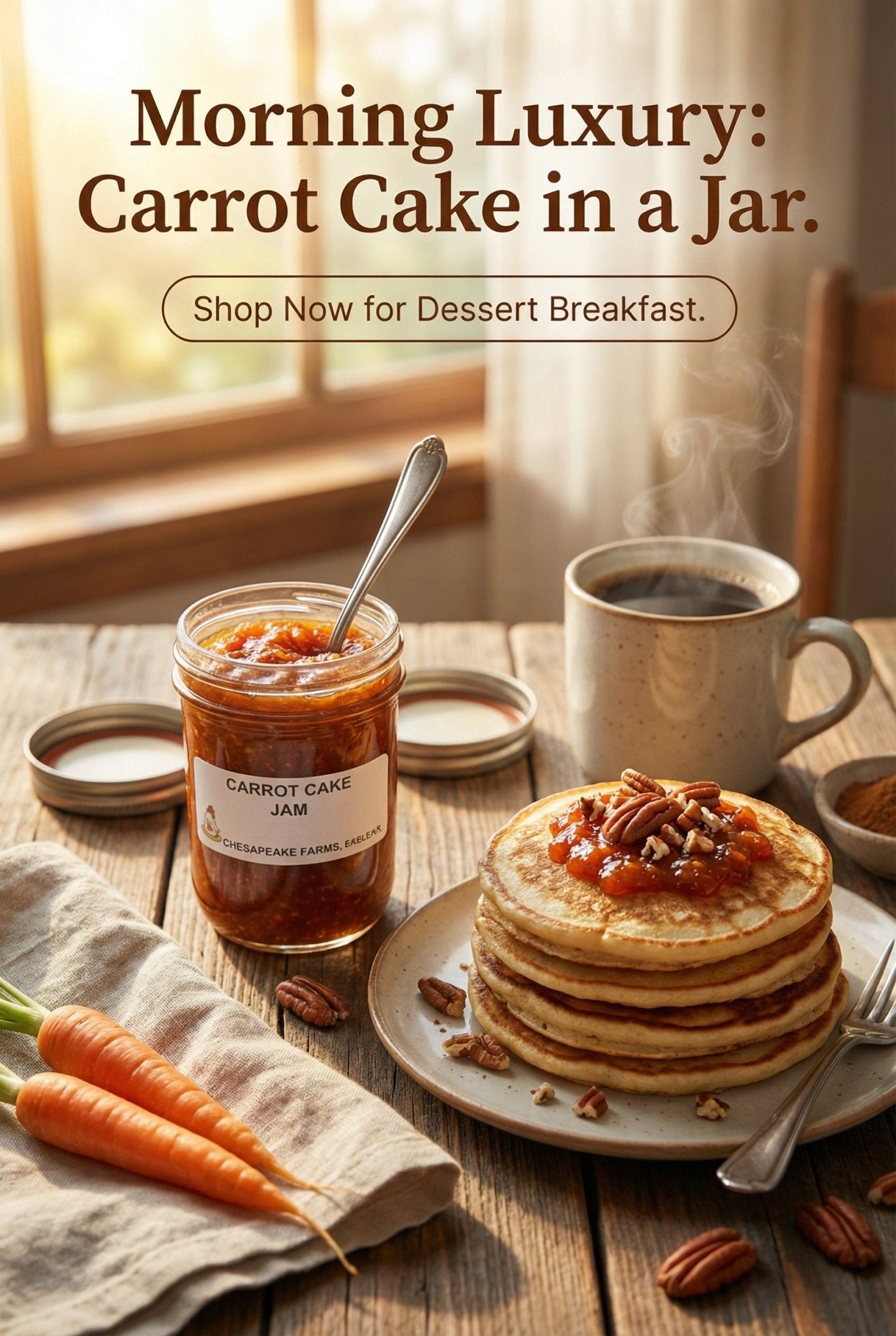 Carrot Cake Jam – 8 oz Jar – Organic, Arkansas Grown – Small Batch – Vegan - Chesapeake Farms LLC - Gourmet Jams/Jellies & Coffee - Original Artworks - Antiques