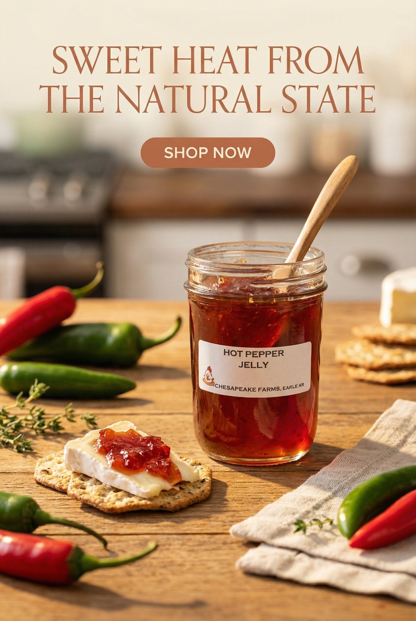 Hot Pepper Jelly – 8 oz Jar | Organic, Arkansas - Grown | Sweet Heat | Great Gift - Chesapeake Farms LLC - Gourmet Jams/Jellies & Coffee - Original Artworks - Antiques