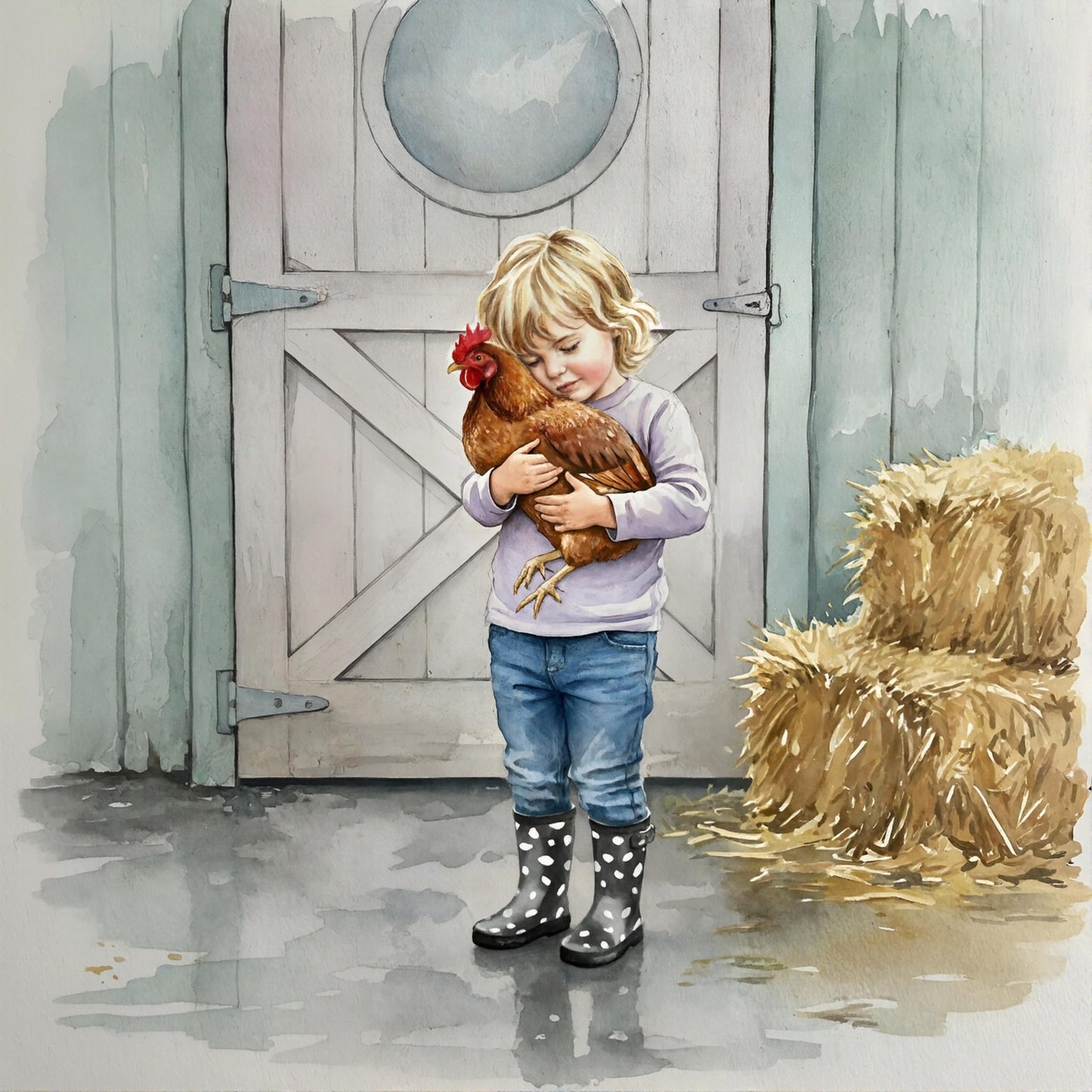 Little Girl And Her Chicken In Watercolors - Digital Wall Art – Instant Download - Chesapeake Farms LLC - Gourmet Jams/Jellies & Coffee - Original Artworks - Antiques