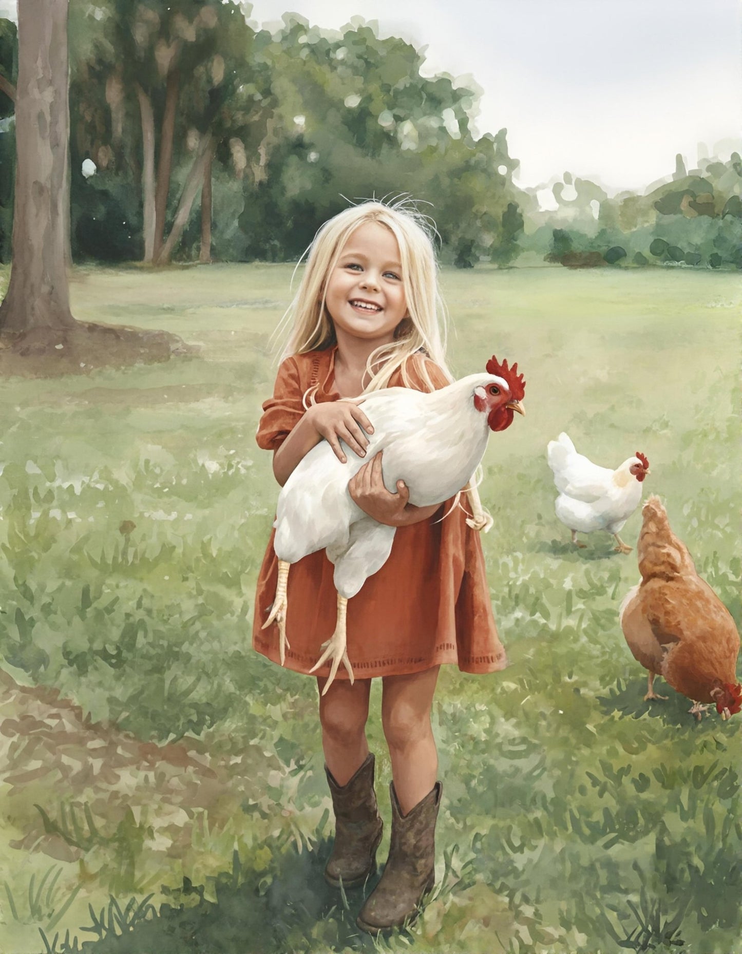 Little Girl With Chicken In Watercolors - Digital Wall Art – Instant Download - Chesapeake Farms LLC - Gourmet Jams/Jellies & Coffee - Original Artworks - Antiques