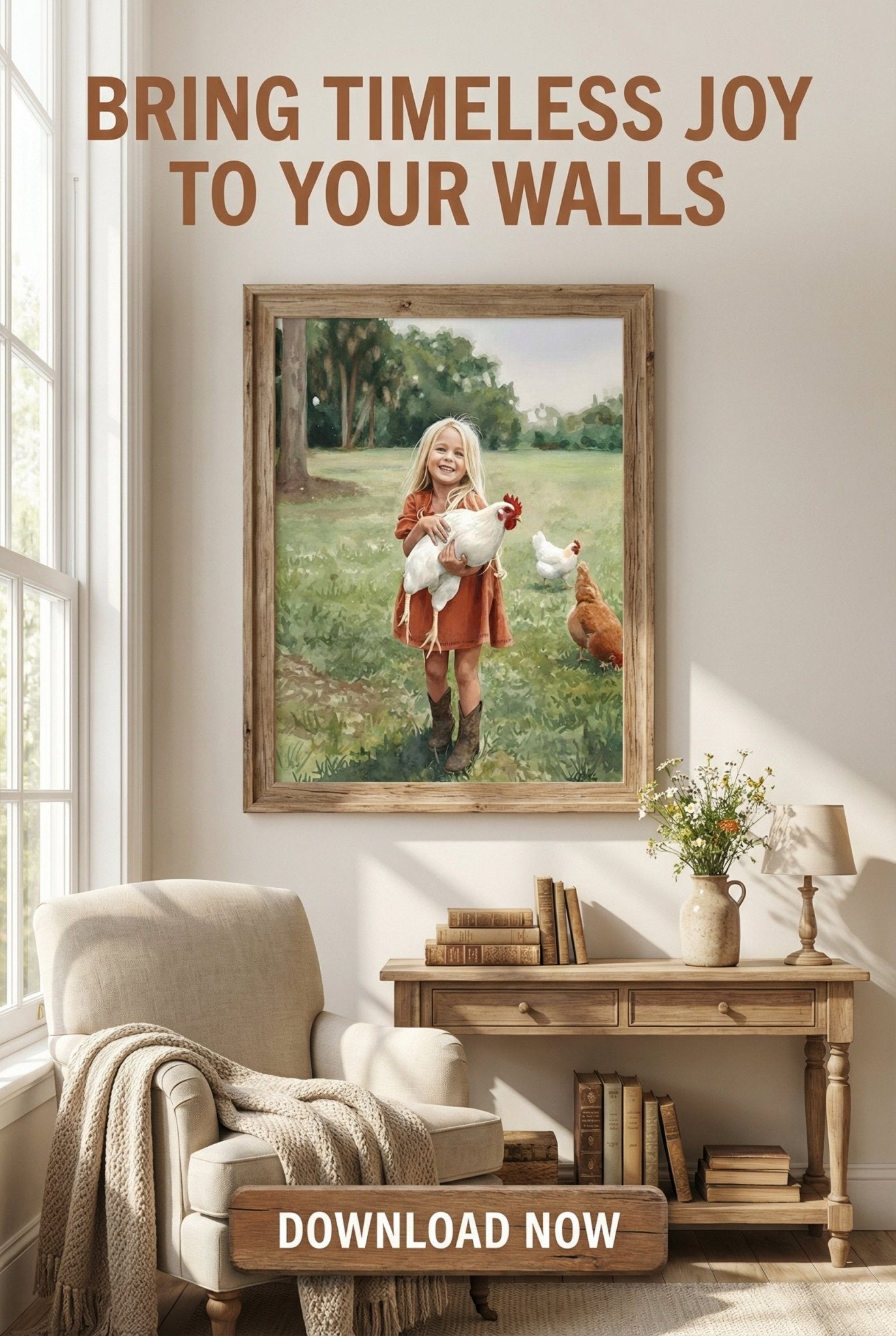 Little Girl With Chicken In Watercolors - Digital Wall Art – Instant Download - Chesapeake Farms LLC - Gourmet Jams/Jellies & Coffee - Original Artworks - Antiques