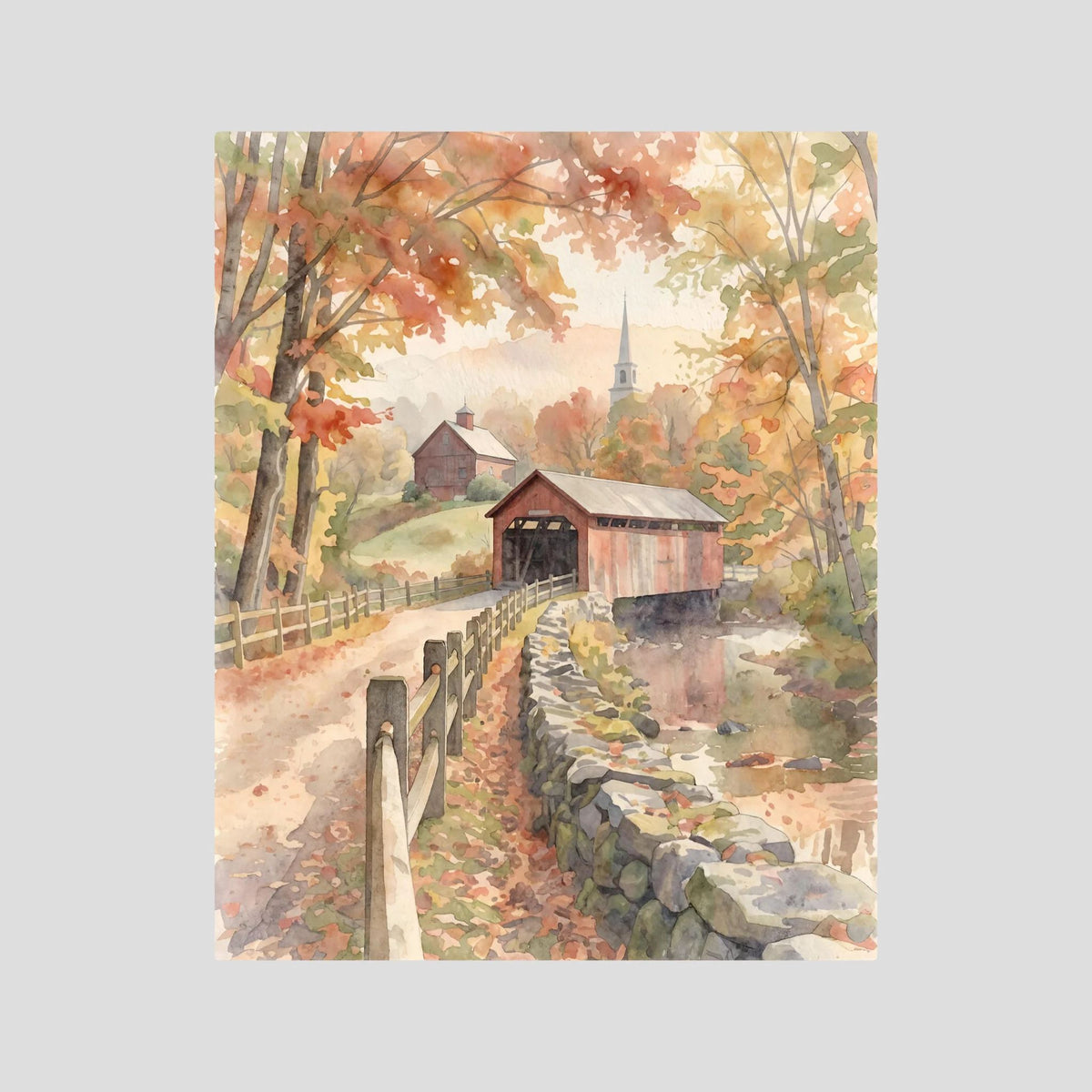 Wood Bridge in Autumn Colors in Watercolors