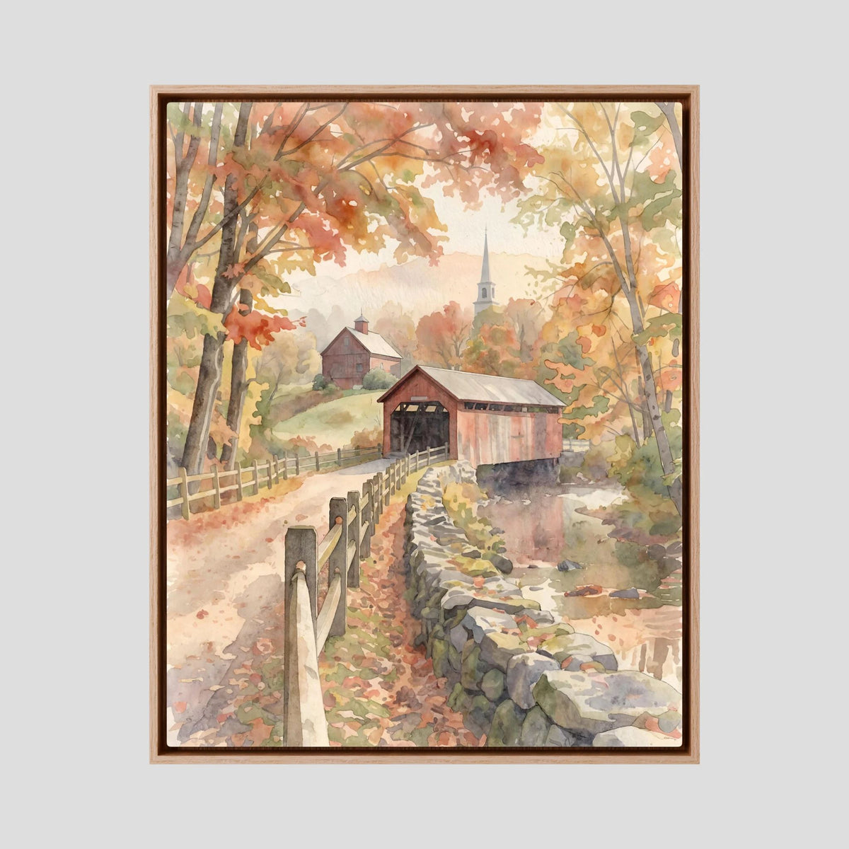 Wood Bridge in Autumn Colors in Watercolors