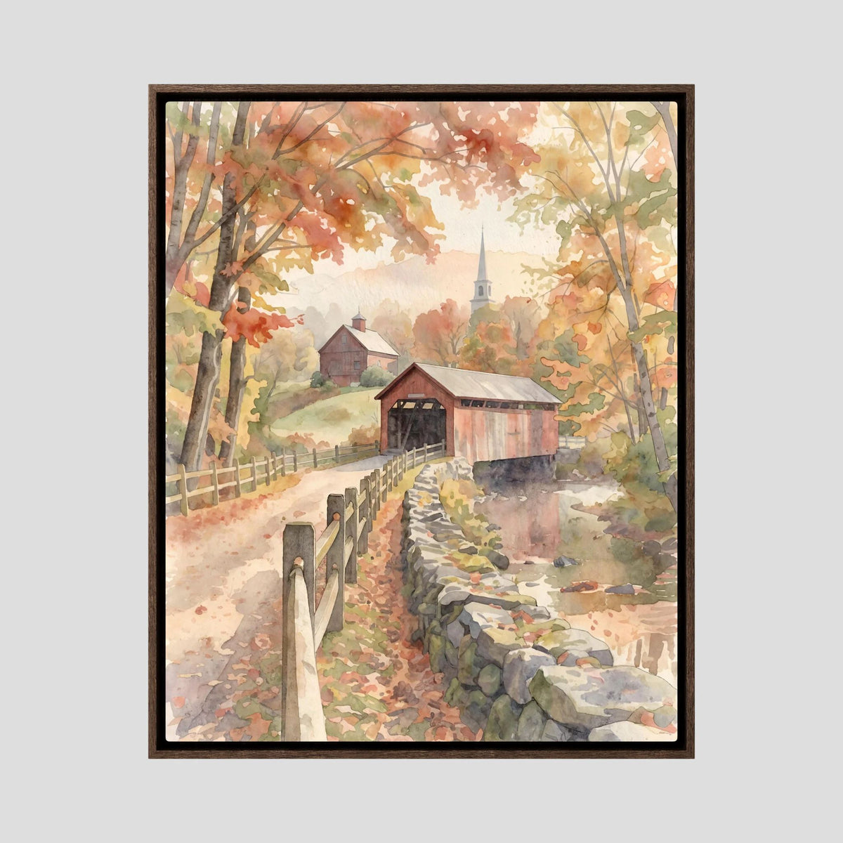 Wood Bridge in Autumn Colors in Watercolors
