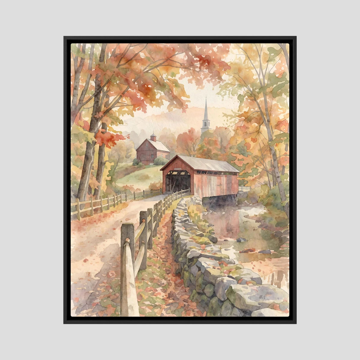 Wood Bridge in Autumn Colors in Watercolors