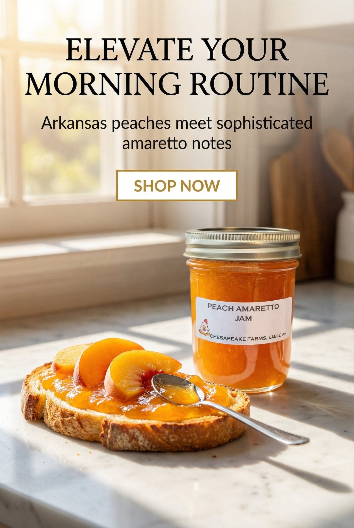 Peach Amaretto Jam – 8 oz Jar – Organic, Arkansas Grown – Small Batch – Gourmet - Chesapeake Farms LLC - Gourmet Jams/Jellies & Coffee - Original Artworks - Antiques