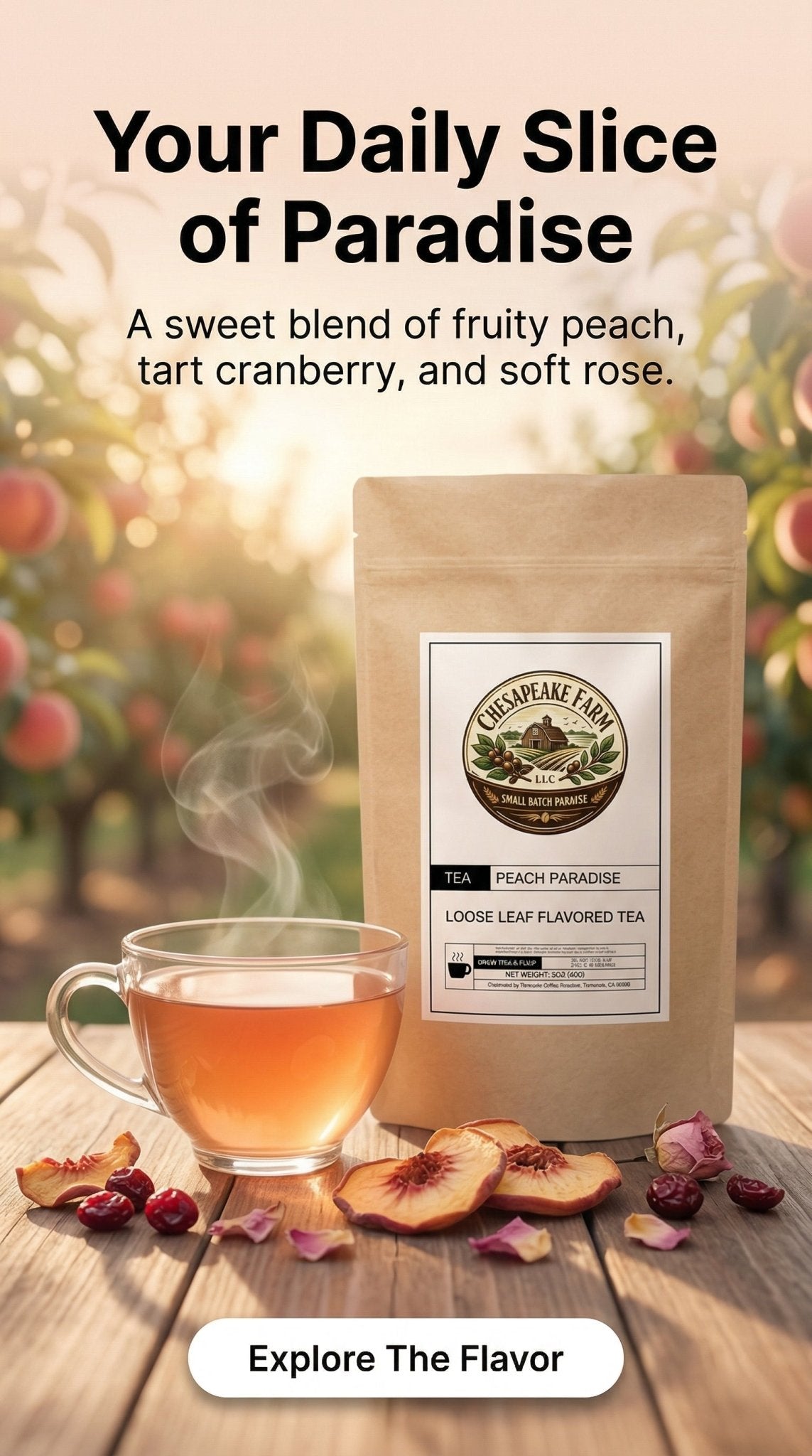 Peach Paradise – Fruity, Smooth & Naturally Sweet Herbal Blend - Chesapeake Farms LLC - Gourmet Jams/Jellies & Coffee - Original Artworks - Antiques