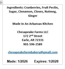 Spiced Cranberry Jam – 8 oz Jar – Organic, Arkansas Made – Small Batch – Holiday - Chesapeake Farms LLC - Gourmet Jams/Jellies & Coffee - Original Artworks - Antiques