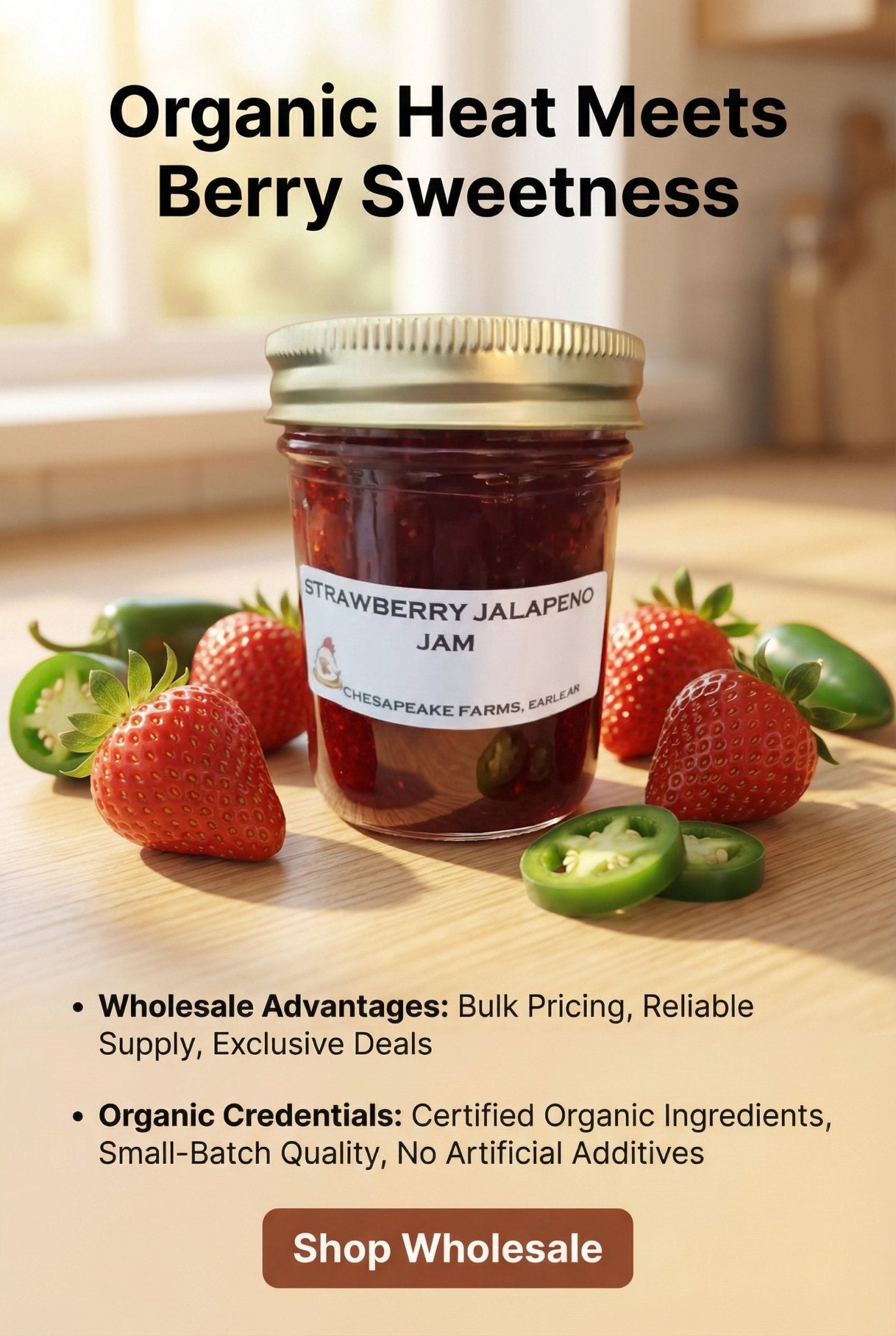 Strawberry Jalapeño Jam – 8 oz Jar – Organic, Arkansas Grown – Small Batch - Chesapeake Farms LLC - Gourmet Jams/Jellies & Coffee - Original Artworks - Antiques