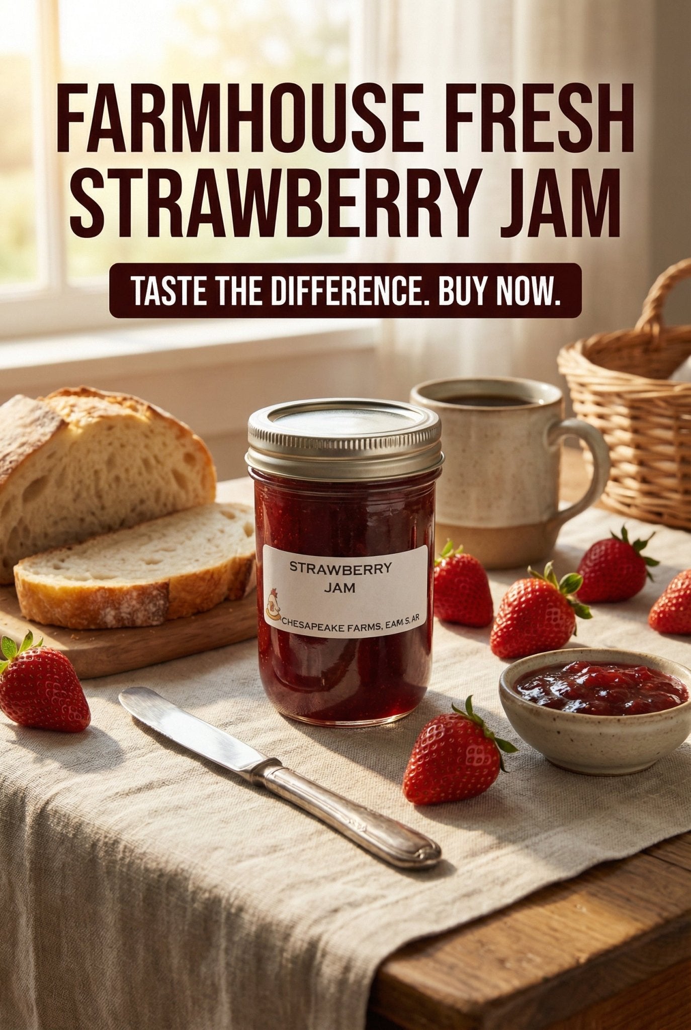 Strawberry Jam – 8 oz Jar – Organic, Arkansas Grown – Small Batch – Classic - Chesapeake Farms LLC - Gourmet Jams/Jellies & Coffee - Original Artworks - Antiques