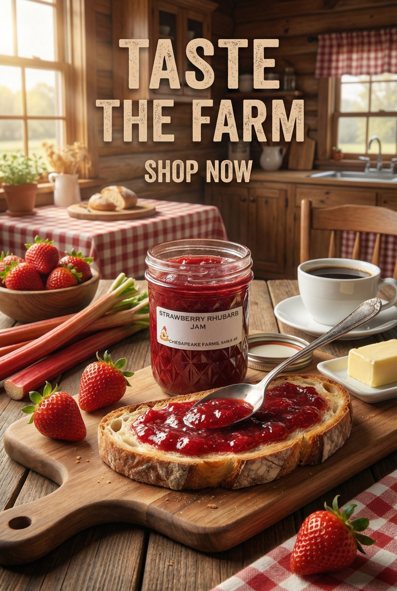 Strawberry Rhubarb Jam – 8 oz Jar – Organic, Arkansas Grown – Small Batch - Chesapeake Farms LLC - Gourmet Jams/Jellies & Coffee - Original Artworks - Antiques