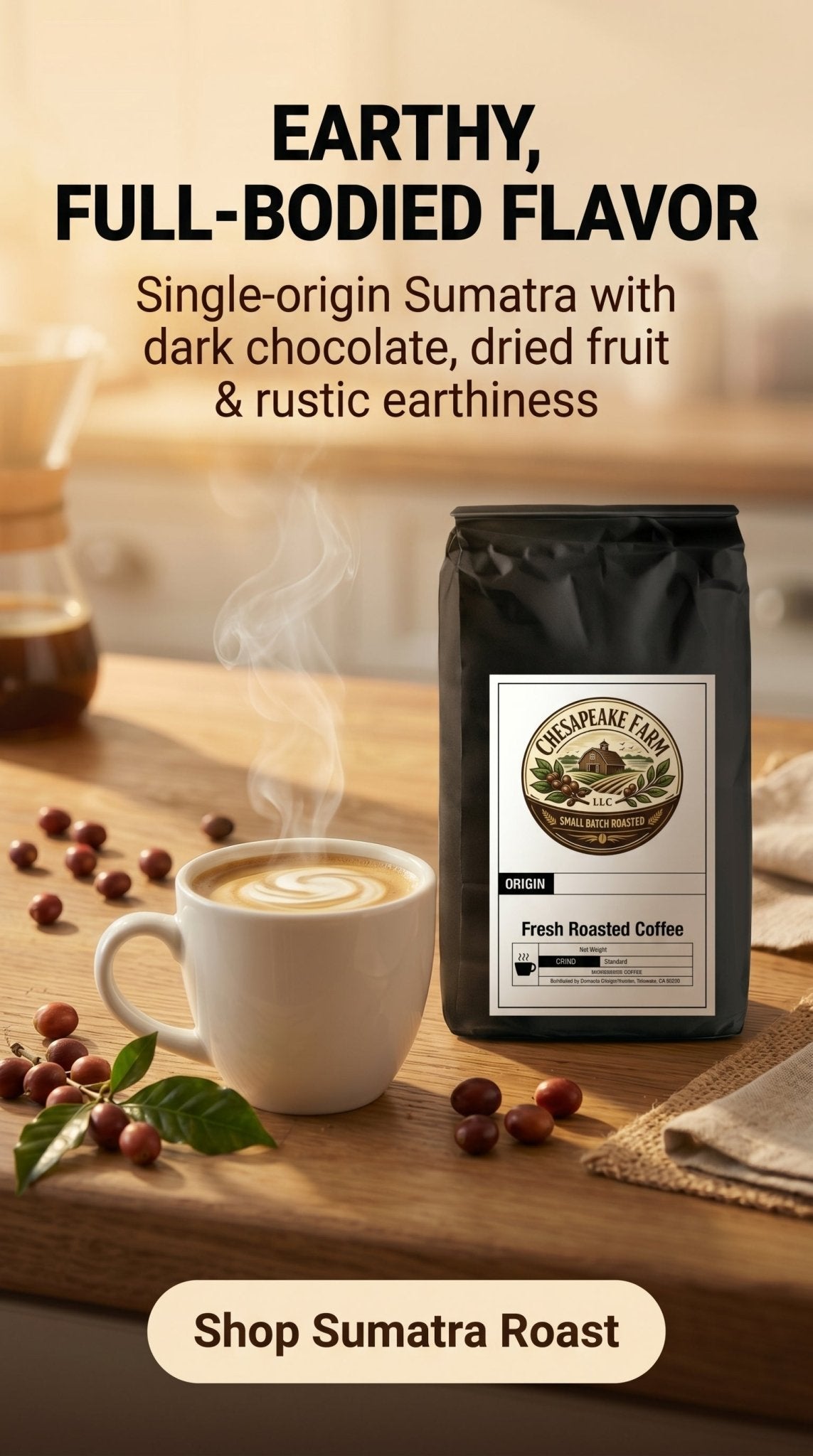 Sumatra Indonesian Roast – Earthy, Full‑Bodied, Long‑Lingering Finish - Chesapeake Farms LLC - Gourmet Jams/Jellies & Coffee - Original Artworks - Antiques