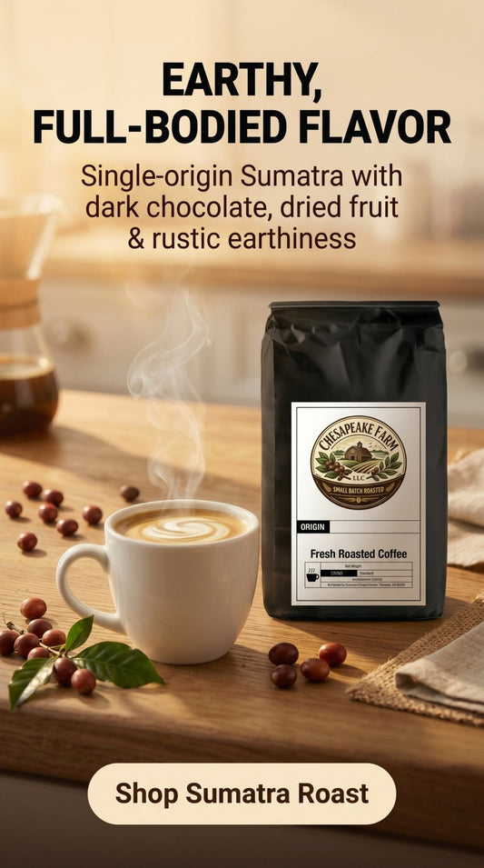 Sumatra Indonesian Roast – Earthy, Full‑Bodied, Long‑Lingering Finish - Chesapeake Farms LLC - Gourmet Jams/Jellies & Coffee - Original Artworks - Antiques