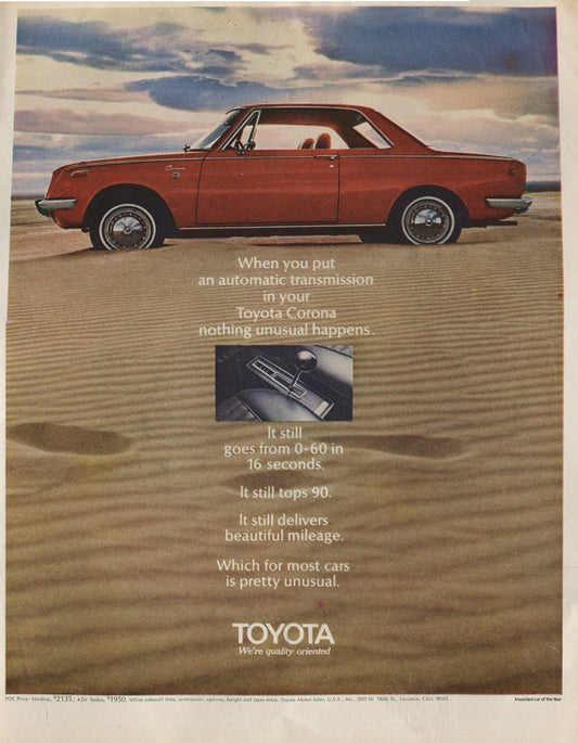 Vintage Toyota Advertisement Lot – 10 Original Magazine Ads (1960s–1970s) – Lot 5 - Chesapeake Farms LLC - Gourmet Jams/Jellies & Coffee - Original Artworks - Antiques